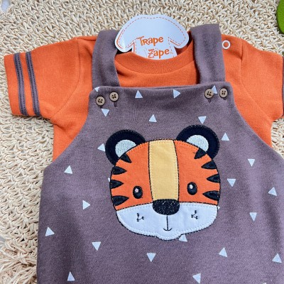 Conj. Body Manga Curta e Jardineira Tigrinho - Marrom e Terracota